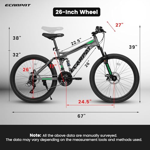 Image of Mountain Bike 24 /26 /27.5 Inch,Front /Full Dual Suspension, 21-Speed Disc /V-Brake,Carbon Steel /Aluminum Adult Sport Bicycle for Mens Womens Trail Commuter City Snow