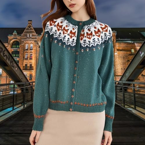 Women's Fair Isle Button Down Cardigan Sweater Long Sleeve Crewneck Ethnic Jacquard Knitting Sweater2