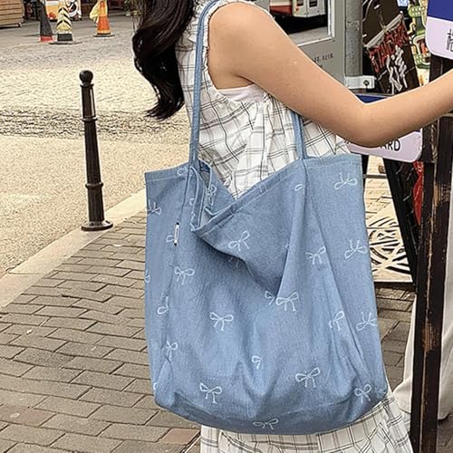 Bow Purse Embroidered Denim Bow Purse Embroidery Jean Tote Bag Large Shoulder Bag Lightweight Trendy Gift Women2