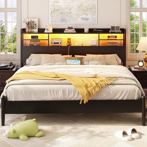 Image of Aheaplus Headboard for Queen Size Bed with Storage, Black | Headboards with LED Light, Power Outlets, USB Ports Queen Size Head Board, Wood headboard Only Sturdy and Stable Headboards