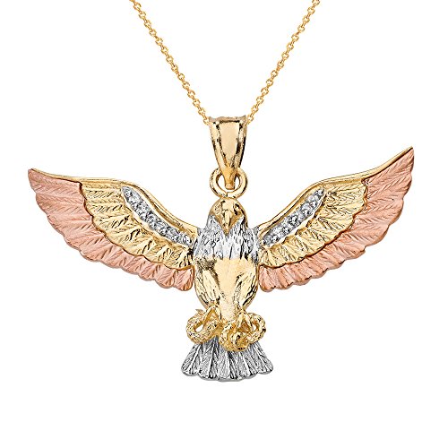 Animal Kingdom Solid 14K Three-Tone Gold Cz Eagle Hawk Catching Snake Pendant Necklace, 20" #TOP17