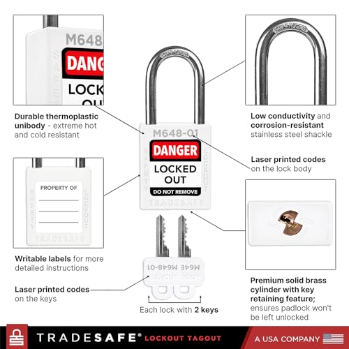 Image of TRADESAFE Lockout Tagout Locks Set with Master Keys - 10 White Loto Locks, Keyed Different Lock Out Tag Out Padlocks, 2 Keys Per Lockout Padlock