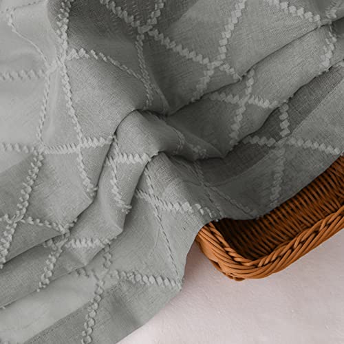 Grey Sheer Curtains 84 Inch Length 2 Panels Set, Embroidery Geometric Sheer For Living Room Bedroom, Grommet Light Filtering Semi Sheer Curtains Textured Linen Look Diamond Lattice Window Treatment #TOP6