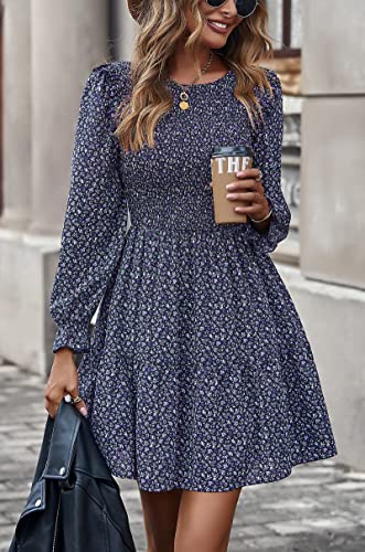 Image of KIRUNDO Long Sleeve Dress for Women 2025 Summer Fall Wedding Guest Smocked Floral Crewneck Ruffle A Line Flowy Mini Dress