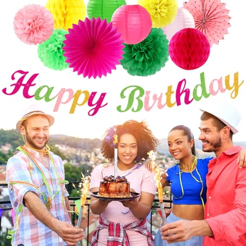 Image of Hawaiian Luau Birthday Party-Decorations Supplies - 21pcs Happy Banner,Beach Paper Lanterns Honeycomb,Flamingo Pool Streamers Garland,Summer Tissue Pom Poms Flowers Fans,Tropical Tiki Decor Burgleda