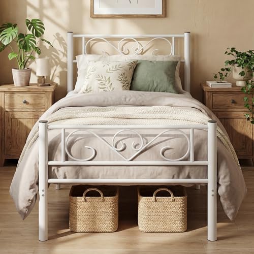 VASAGLE Bett 90 x 190 cm, Gästebett, Einzelbett aus Metall, Bettgestell, Bettrahmen, Metallbett, einfache Montage, weiß RMB061W01