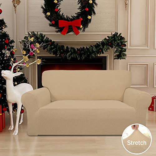 Image of Easy-Going Stretch Loveseat Slipcover 1-Piece Sofa Cover Furniture Protector Couch Soft with Elastic Bottom for Kids Polyester Spandex Jacquard Fabric Small Checks (Loveseat, Sand)