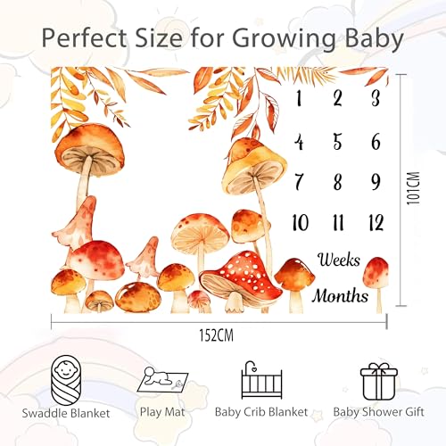 Image of Mushroom Theme Baby Monthly Milestone Blanket, Soft Flannel Watercolor Spring Tropical Eucalyptus Leaves Botanical Photography Prop Newborn Baby Shower Age Growth Tracker (Orange, 60x40in)
