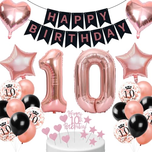 Cadimus Decorazione 10° Compleanno Bbambine,Nero Rosa Oro Palloncini 10 Anni,Set di Decorazioni con Palloncini per 10°,Striscione di Happy Birthday,Ddeco per Feste di Compleanno 10