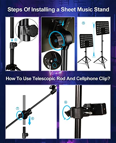 Music Stand For Sheet Music With Mic Pole, All-In-One Folding Sheet Music Stand With Pop Filter & Phone Holder, Portable Music Book Stand With Light & Clips For Violin Guitar Ukulele Violin Players #TOP2