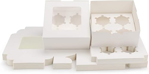 Eusoar - Cajas de magdalenas de papel kraft de 6.4 x 6.3 pulgadas, 50 unidades de grado alimenticio color blanco con inserto y ventana de exhibición