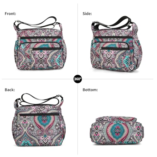 F.FETIVIN Women Floral Shoulder Handbag Roomy Multiple Pockets Bag Ladies Crossbody Lightweight Nylon Travel Purses3
