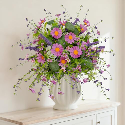 AZXVT Wild Flowers Artificial, Silk Floral Arrangements 6-Pack Fake Wildflower centerpieces for Tables Indoor Vase Wedding Party Decor Wildflower Bouquet with Faux Eucalyptus Stems Lavender (Spring)