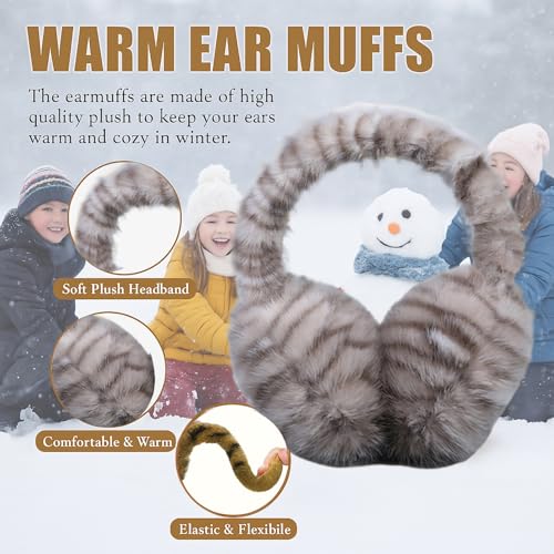 Cat Pattern Kids Ear Muffs for Women Girls Faux Fur Cute Furry Ear Warmers Boys Winter Foldable Ear Covers for Cold Weather3