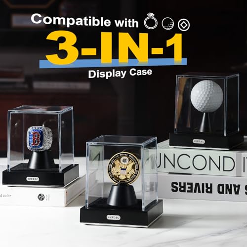 Image of JupDec Championship Ring Display Case, Clear Acrylic Single Ring Holder with Durable Base, Dustproof Cube Showcase with Black Velvet Interior, Ideal Gift for Sports Memorabilia Fans