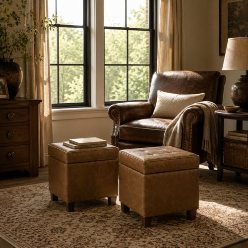 Image of HomePop Square Tufted Storage Ottoman - Distressed Brown Faux Leather Small