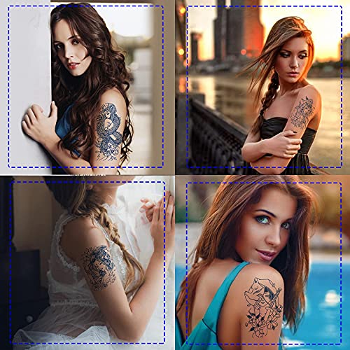2 Weeks Tattoo Arm Fake Semi-Permanent Temporary Tattoos Stickers, 8 Sheets Waterproof & Last 1-2 Weeks Blue Japanese Geisha Samurai Women Flower Lotus Tattoos (With 10 Sheets Ordinary Tattoo Stickers) #TOP1