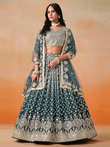 Image of Zeel Clothing Women Georgette Semi stitched Sequins Zari Embroidered Lehenga Choli With Dupatta (7086-Latest, Free size)