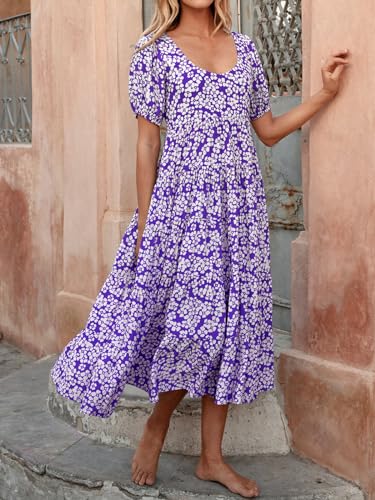 Image of PRETTYGARDEN Puff Short Sleeve Cewneck Floral Long Fall Dresses for Women 2025 Flowy Tiered Hem Maxi Wedding Guest Dress
