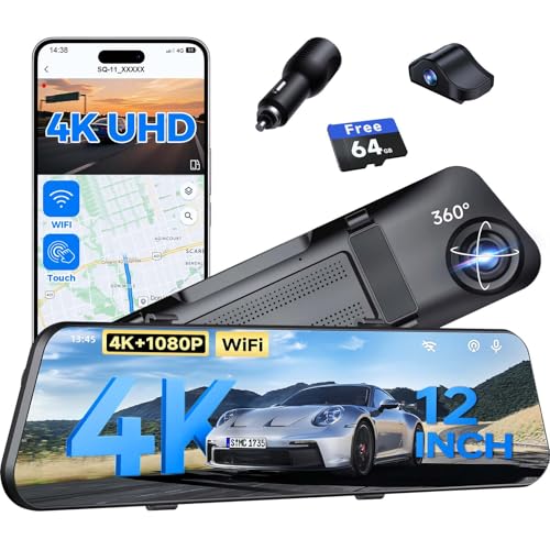 4K Mirror Dash Cam,Rear View Mirror Camera with WiFi,Dash Cam Front and Rear for Car,G-Sensor,7/24H Parking Mode,12' Touch Screen,Includes 64GB Card