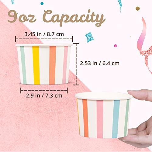 Image of Paper Ice Cream Cups, 100-Count 9-Oz Disposable Dessert, Snack Bowls for Hot or Cold Food, 9-Ounce Party Supplies Treat Cups for Sundae, Frozen Yogurt, Soup, Pastel Stripes