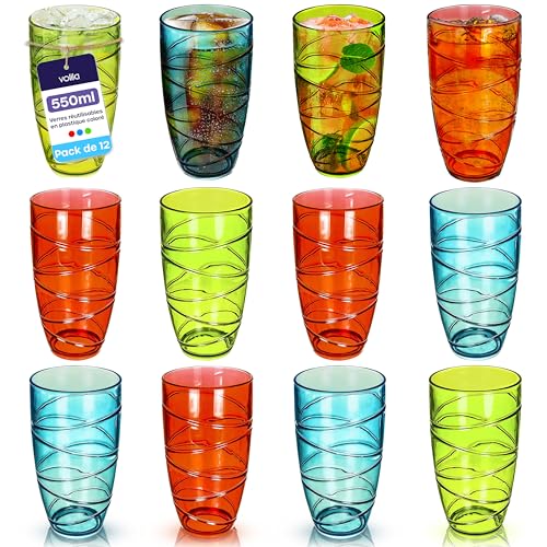 volila Verre à Eau - Pack de 12 Verres Colorés en Plastique (550 ml) Lot de Verres en Plastique Réutilisables - Parfait pour les Fêtes, Piques-niques, Usage Quotidien - Verres Cocktail pour Adultes