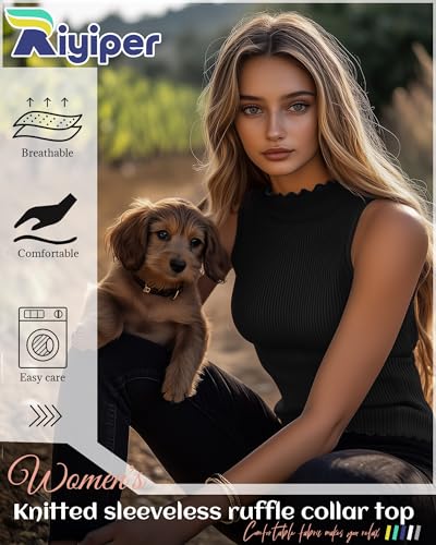 Riyiper 3 Pack Women's Sleeveless Mock Turtlenecks Shirts Lettuce Trim Ribbed Knit Slim Summer Casual Tank Tops Basic Tees3