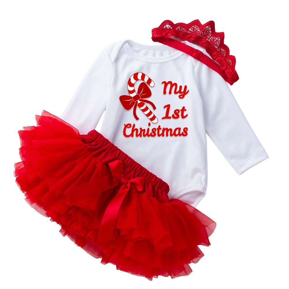 I Mama Newborn Baby Girl Clothes My 1st Christmas Bodysuit+Tutu Skirt+Leg Warmers+Bow Headband Christmas Outfits Set (3-6MONTHS, RED)