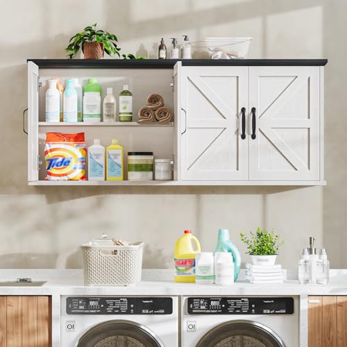 Image of Halitaa 47 inch Laundry Room Cabinets and Storage with 4 Doors and Utility Adjustable Shelf, Large Wall Mounted Storage Cabinet, Upper Kitchen Cabinet for Laundry, Bathroom, and Kitchen, White and Black