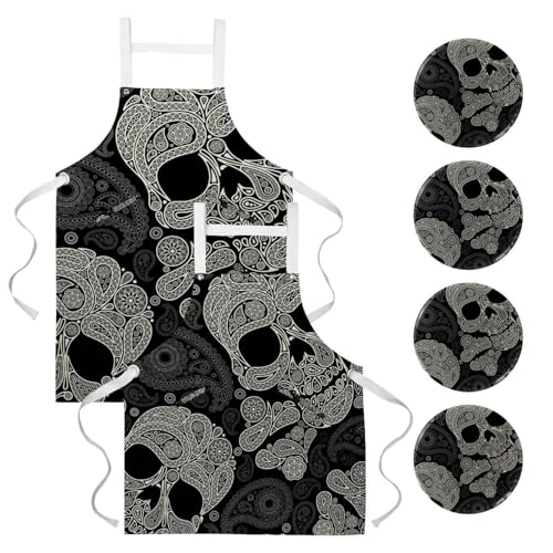 Tablier de nettoyage de la maison lot de 2 crâne et paisley avec 4 broches incluses