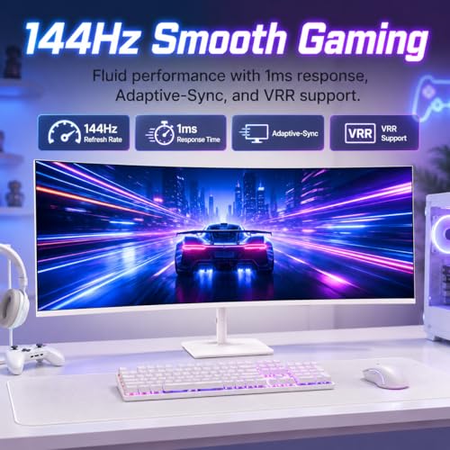 Image of Deco Gear 49 inch Curved Ultrawide Gaming Monitor, 144Hz DFHD 3840x1080 32:9 VA Display, 1ms MPRT, Adaptive Sync, HDR, 1800R, PIP /PBP, 2 HDMI 2 DisplayPort, White Display for PC & Laptop