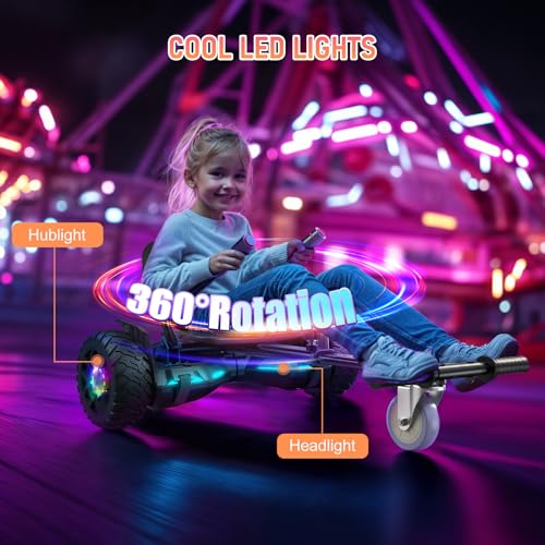 SISIGAD Scooter mit Sitzbefestigung, 8,5 Hoverboard Go Kart Combo mit bunten LED-Lichtern & Bluetooth, für Kinder Jungen Mädchen Erwachsene aller Altersstufen