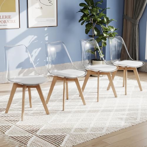 COSTWAY Lot de 4 Chaises de Salle à Manger Scandinave, Chaise Cuisine Transparente, Pieds Inclinés en Bois de Hêtre, Siège Rembourré en Simili Cuir, pour Cuisine,...