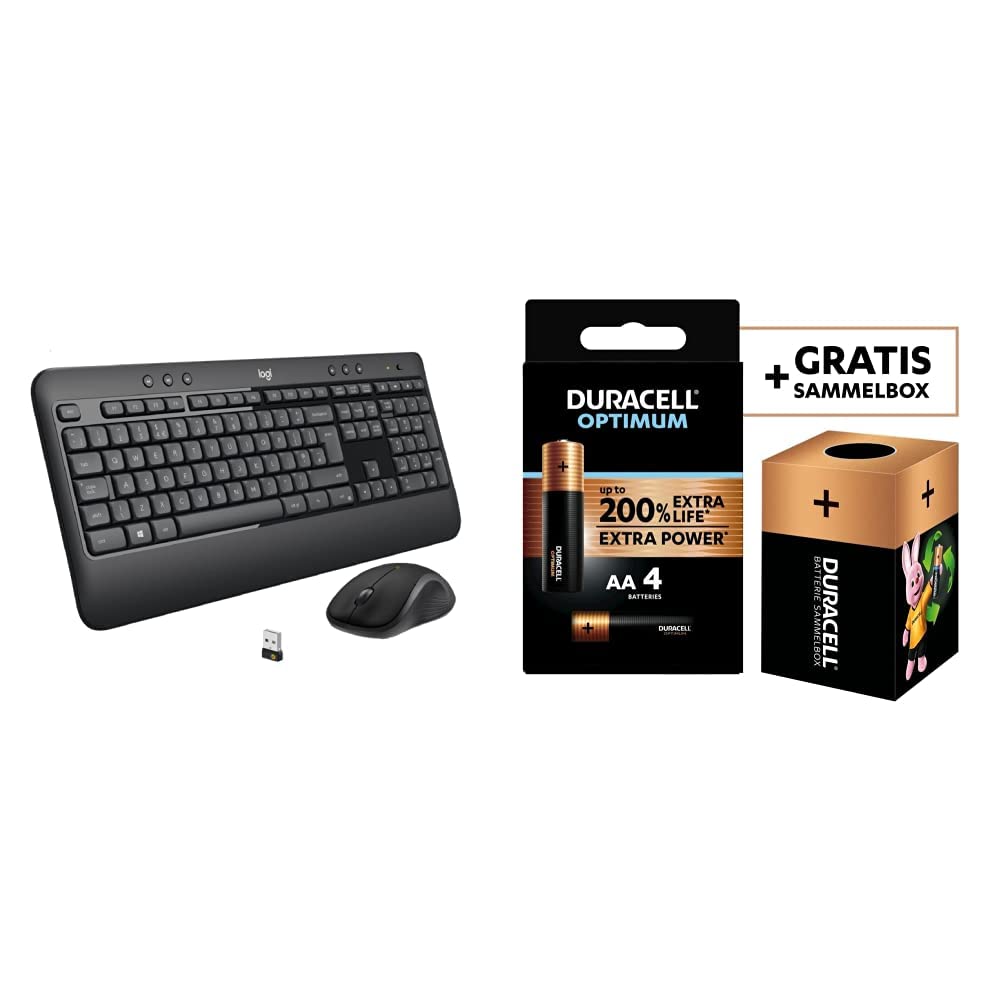 Logitech MK540 Combo Advanced Clavier et Souris sans Fil pour Windows, Clavier Allemand QWERTZ - Noir + Duracell - Nouveau Piles alcalines AA Optimum, 1.5 V LR6 MX1500, Paquet de 4