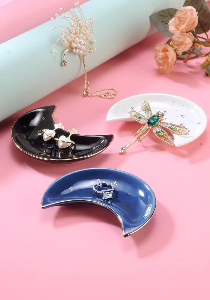 JAMEND CLXP Moon Shape Jewelry Tray, Engagement Ring Tray, Blue Ring Dish for Women in Vanity Bathroom. Decorative Trinket Tray for Organizing Necklace Earrings, Ceramic.