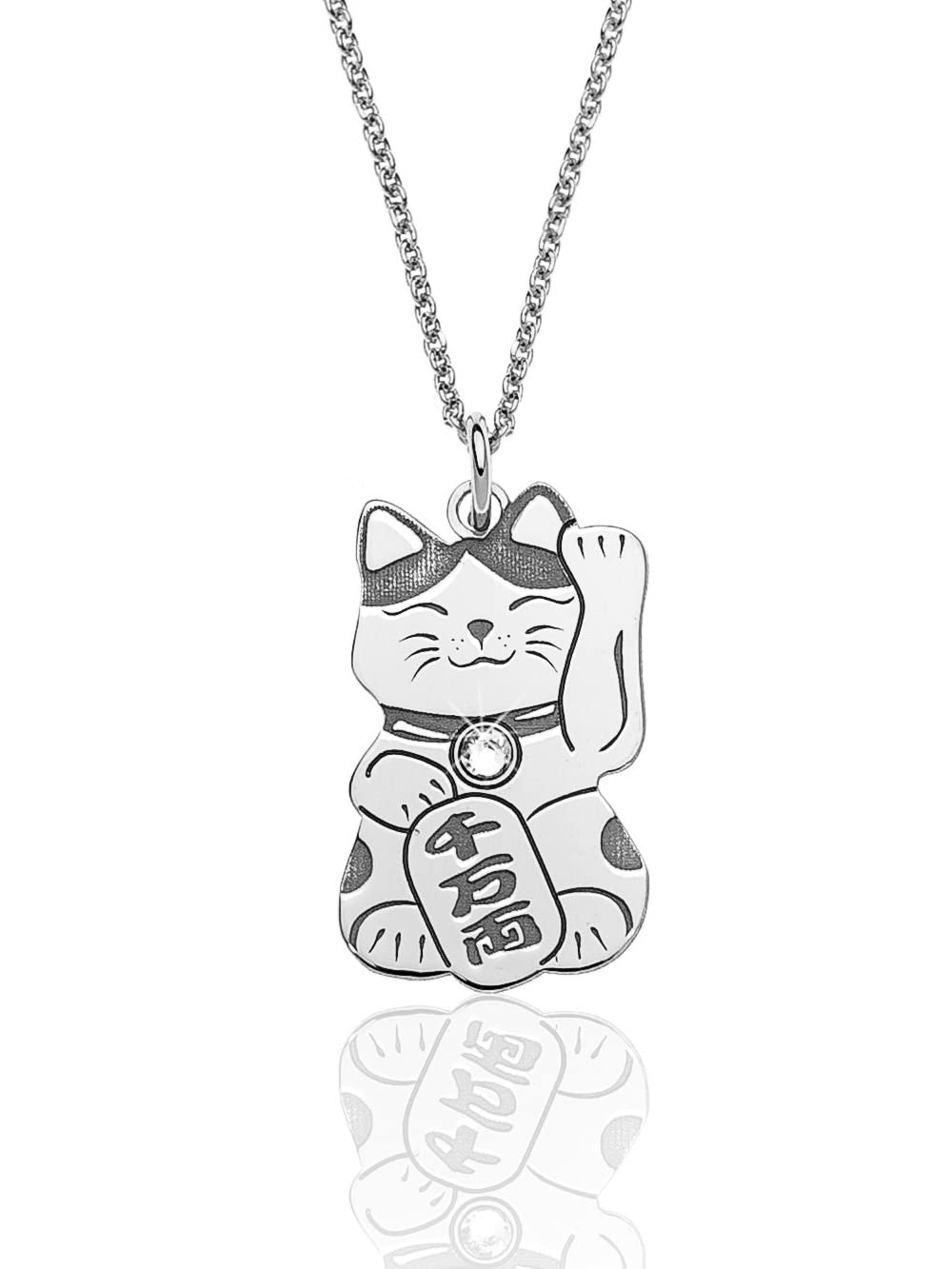 Aka Gioielli ® - Necklace with Lucky Cat Pendant in Rhodium-plated 925 Silver, Maneki Neko lucky charm Lucky Cat