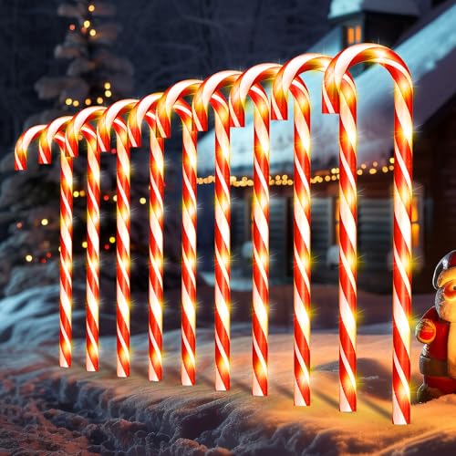 10PK 30inch 120 LED 8 Modes Large Christmas Candy Cane Pathway Lights Outdoor Decoration Flashing Waterproof Outdoor Lighted Up Christmas Light Decor for Garden Yard (Red Light)