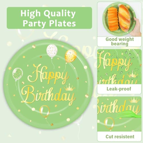 Image of Qyeahkj 100 Pcs Sage Green Birthday Party Supplies Olive Green Gold Paper Plates Napkins Forks Tableware Set Disposable Greenery Happy Birthday Party Decorations for Women Men Girls Favors Serve 25