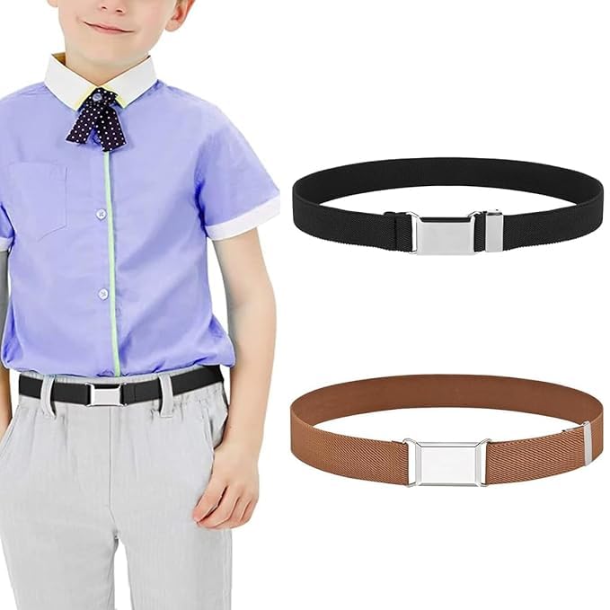 1Pack Fashion Stretch Kids Belt, Adjustable Silver Buckle Waist Belt, Elastic Child Toddler Belt – Black & Brown