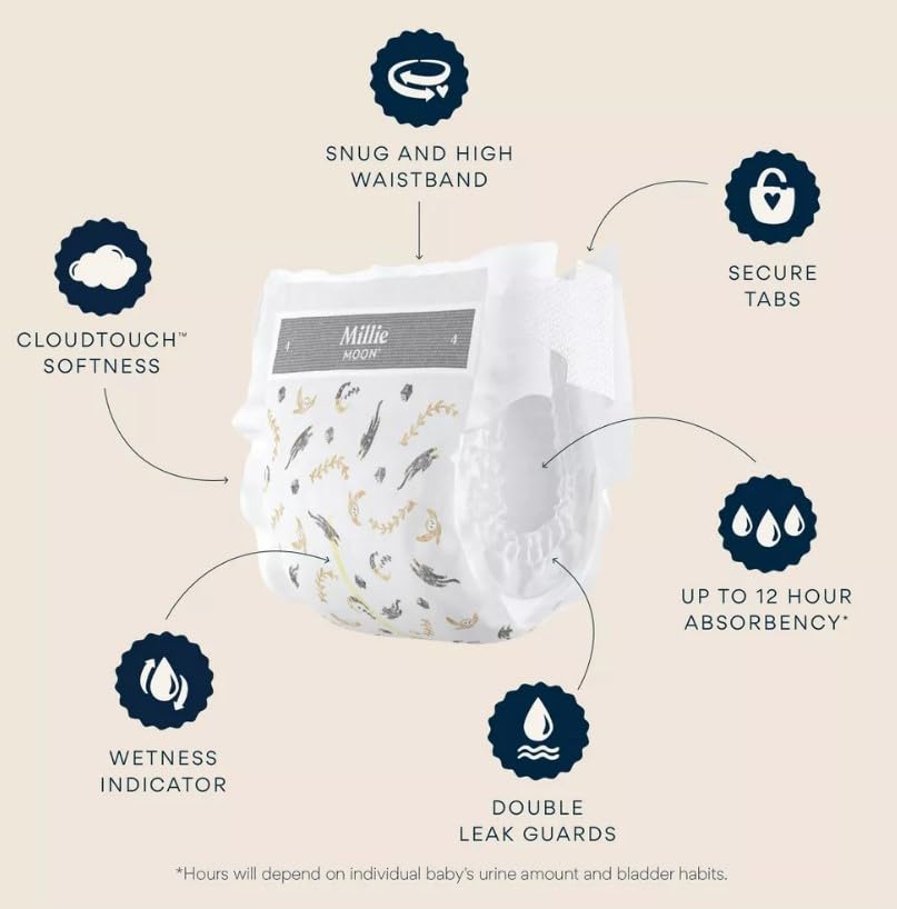 Millie Moon Luxury Diapers, Size 5, 64 Count, 28-39 lbs