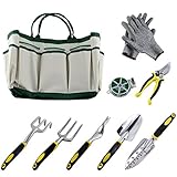 Ucharge 9 Pieces Garden Tool Sets with a Plant Rope and a pair of Work Gloves,6 Heavy Cast Aluminum Heads with Ergonomic Handles and a Garden Tote.
