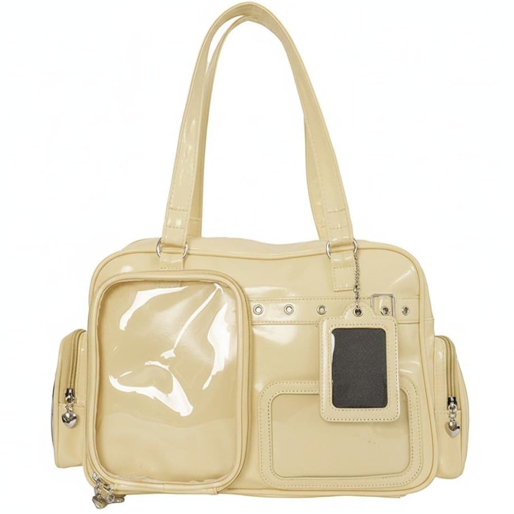 Fituenly Ita Bag PU Leather for Women, Y2K Transparent Large Capacity Shoulder Crossbody, DIY Badge Display Handbag Daily Messenger Tote