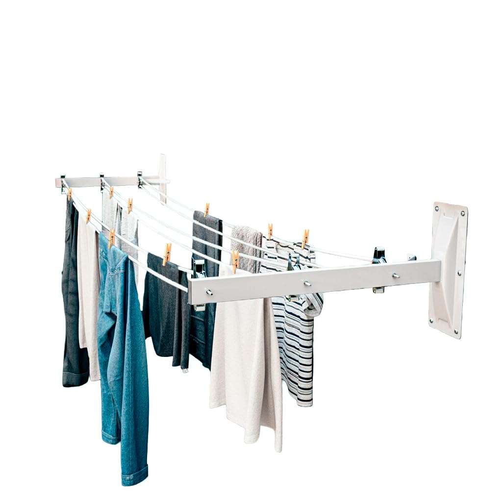 Amig - Stendibiancheria laterale da parete Mod. 3 - Stendino a 2 bracci con 6 carrucole in acciaio inox - Per 3 corde - Acciaio con verniciatura epossidica - Uso esterno - 450 mm - Bianco