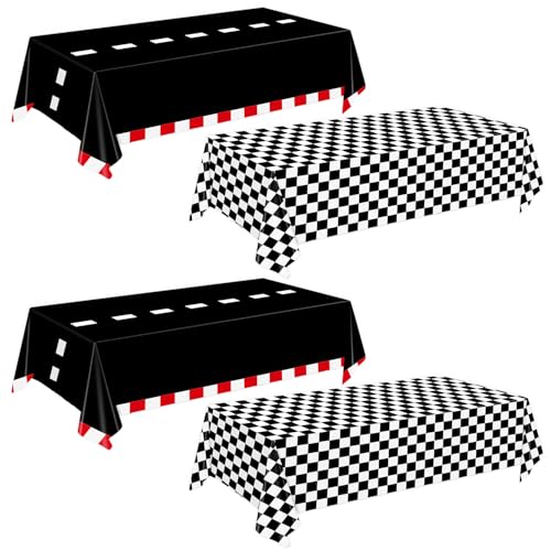 Oigco 4 Pack Racing Car Tablecloth - Race Car Birthday Party Decorations Racetrack Rectangular Tablecloth - Checkered Table Cover for Two Fast Birthday Decor, 54 x 108 Inch