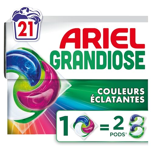 Ariel Grandiose PODS, Lessive Liquide En Capsules 21 Lavages, Couleurs Éclatantes 2 X Action Détachante et Anti-Odeur