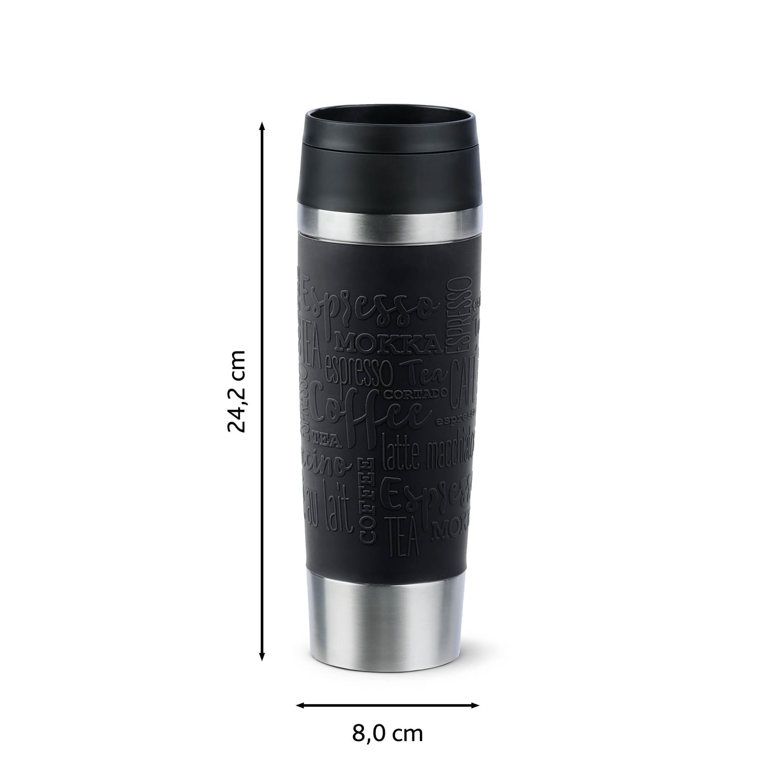 Emsa Taza de viaje con grabado, 500 ml, taza térmica personalizada con nombre o logotipo, taza térmica para café y té para llevar, acero inoxidable, cierre Quick Press, 100% a prueba de fugas (negro)
