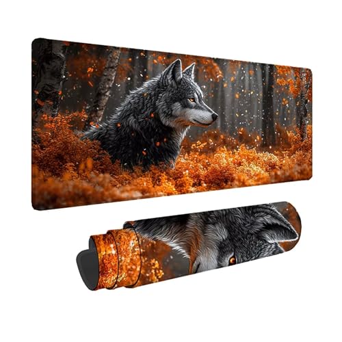 Tapis de souris XXL 800x400mm jaune avec motif loup pour bureau