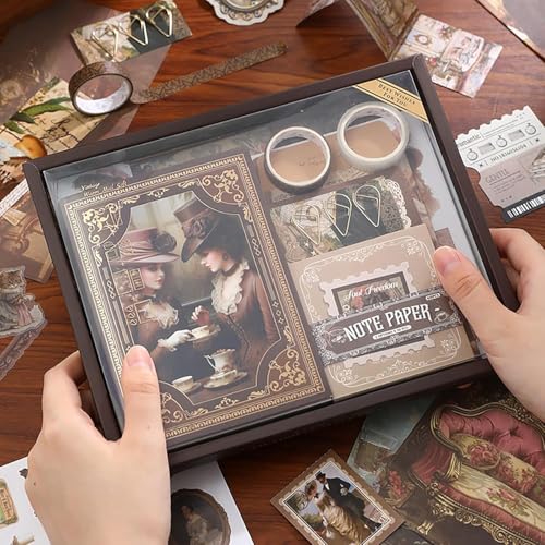 Image of VIBE VISTA Vintage Aesthetic Scrapbook Kit,346 Pcs,A6 Grid Notebook,Washi ,Envelopes, Scrapbook Papers, Folding Labels, Background Papers, Photo Frames, Calendar Stickers, Stickers (Vitorian Brown)