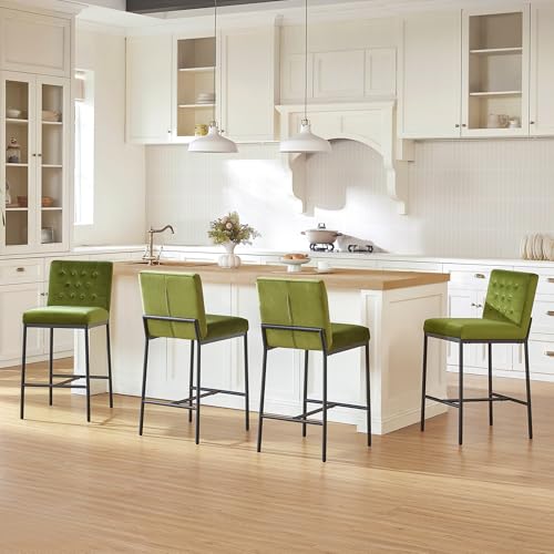 Image of CHITA Modern Bar Stools with Tufted Back Set of 4, 26 inch Counter Height Bar Stool with Metal Legs for Kitchen Island & Dining Room, Olive Green, Black Frame