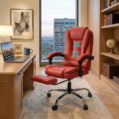 Image of Casa Copenhagen Italia Leatherette Office Chair | Boss Chair, Ergonomic Executive, Cushioned Arms & Seat, 2 Point Back Massager, Adjustable Leg Rest, Heavy Duty Metal Base (Burgundy)